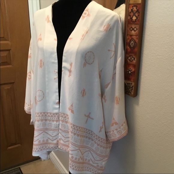 Harlow lightweight Aztec/southwest kimono tan and orange - Picture 2 of 7